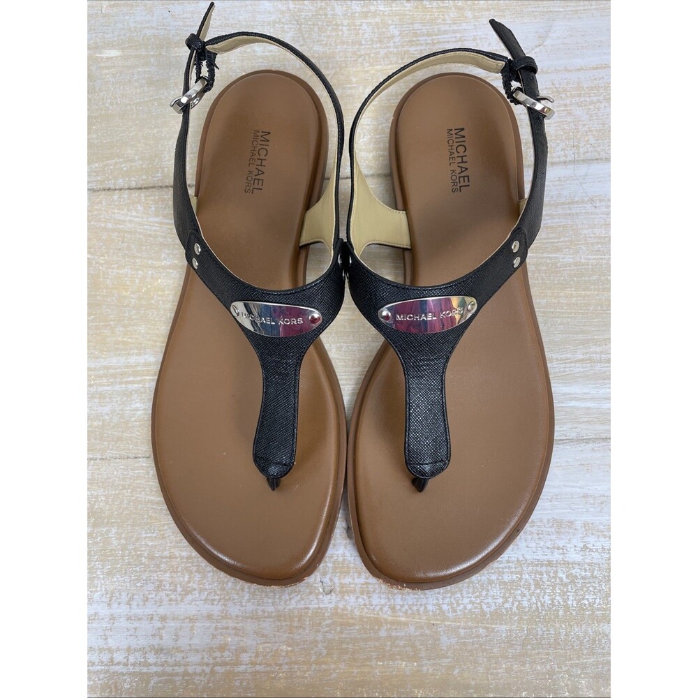 Michael Kors MK Plate Silver Logo Women's Black Leather Sandals Sz 9M - Picture 8 of 10